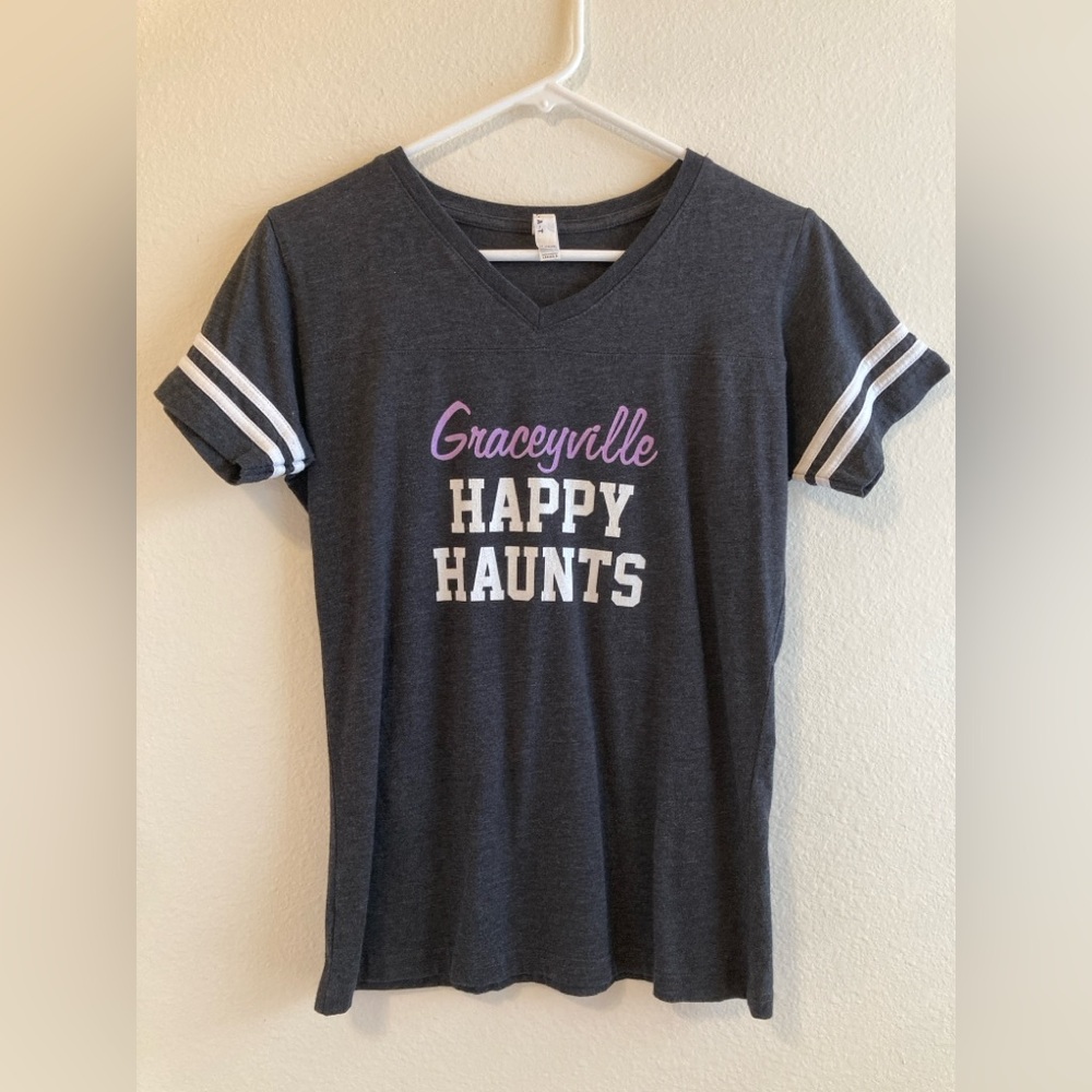 Haunted Mansion Inspired Charcoal Gray Graphic Tee with White Stripes